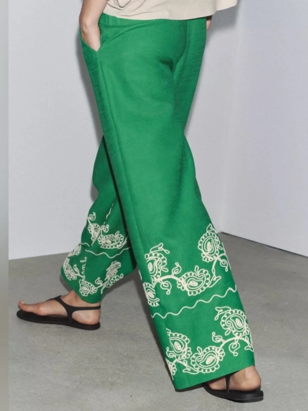 NWT! Zara Emerald Green Embroidered Wide Leg Linen Blend Trousers Pants - Size S